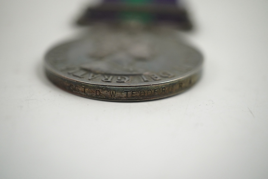 An ERII General Service medal, awarded to 14473980 SGT. D.W. Tedder. R.A., with a clasp for Cyprus. Condition - fair to good.